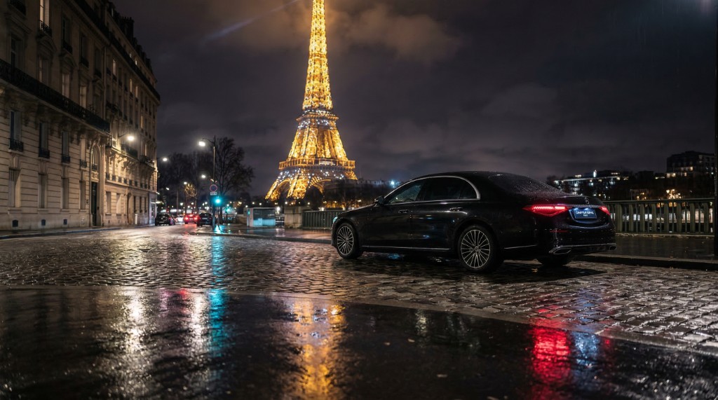 Berline luxury chauffeur Paris de nuit devant la Tour Eiffel