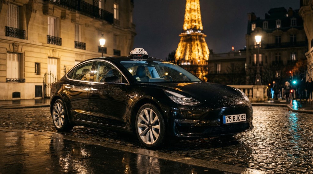 Tesla Model 3 taxi Paris Tour Eiffel de nuit