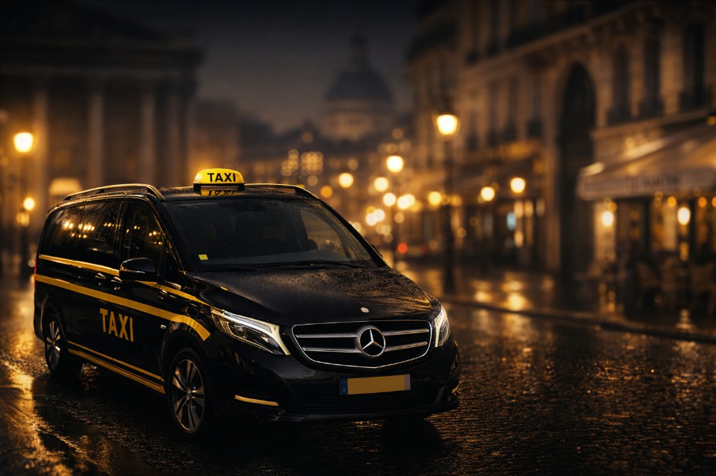 Van taxi Paris de nuit près de la Tour Eiffel
